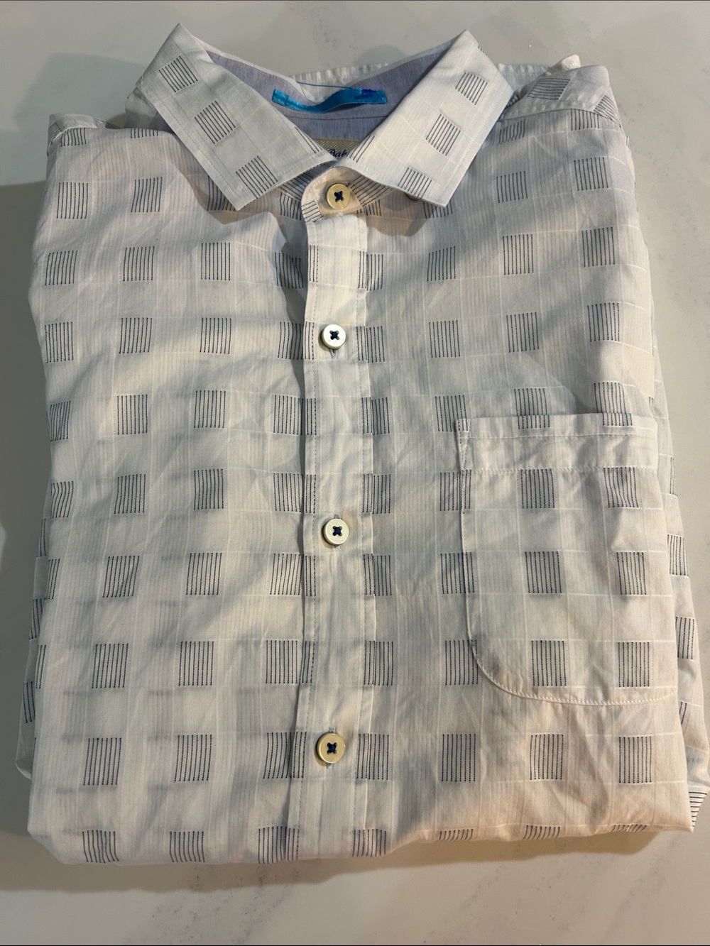 Tommy Bahama White Button-Down Shirt with Subtle Gray Square Pattern